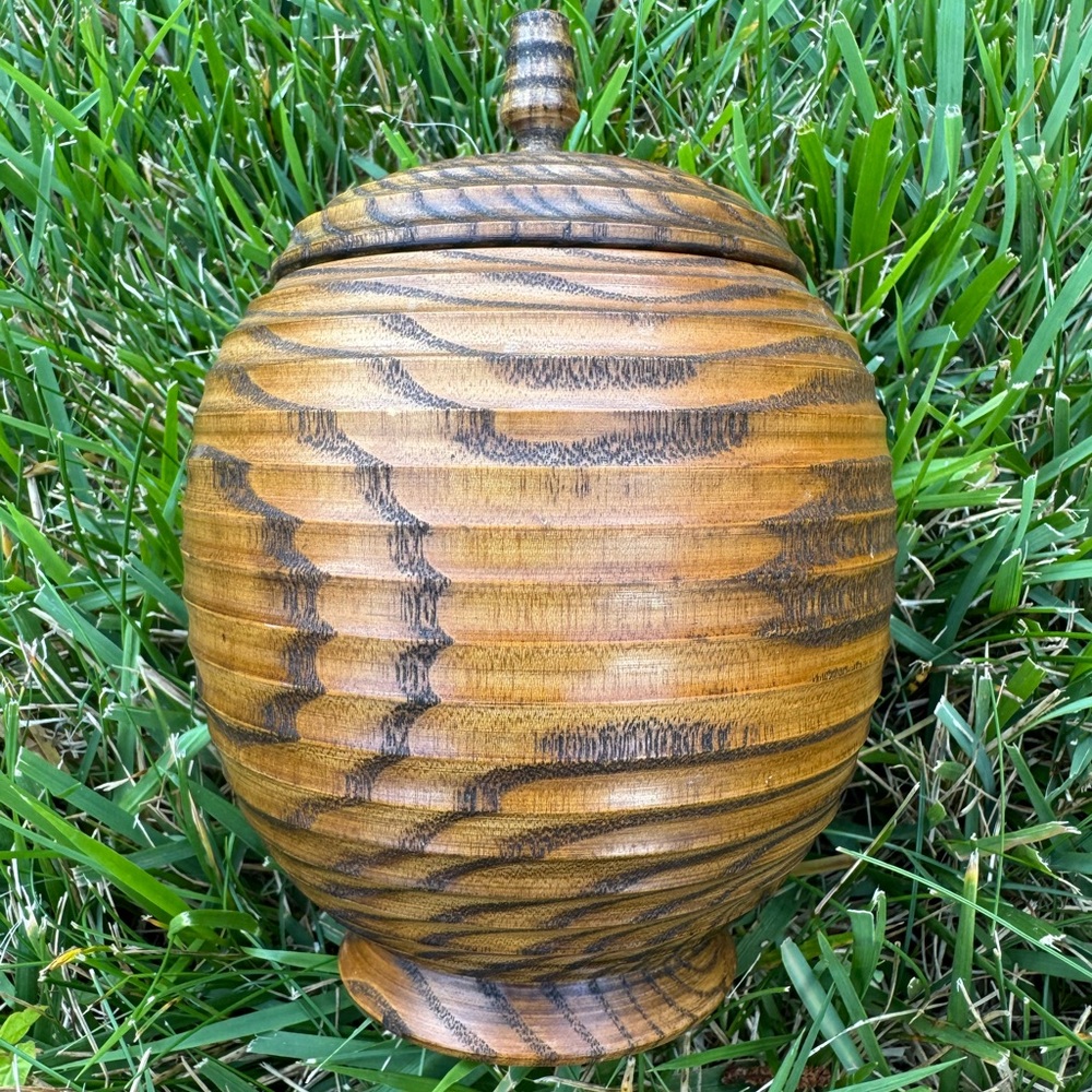 Antique Korean wood box circular carved box with lid